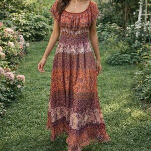 Boho Luxe 100% Silk Arden Maxi Dress – Flowy Gypsy Style with Silver Thread